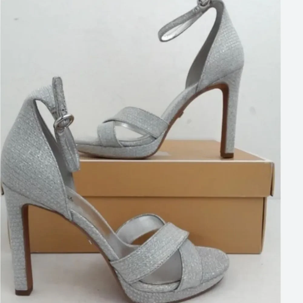 Michael Kors Women's Alexia Sandal Glitter Silver Heeled Sandal